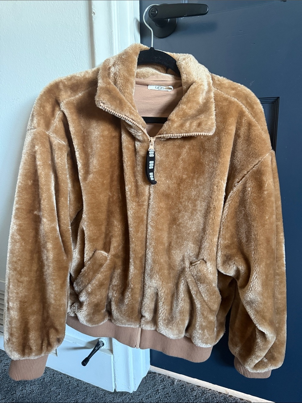 UGG Plush Faux-Fur Zip Front Jacket in Camel Brown